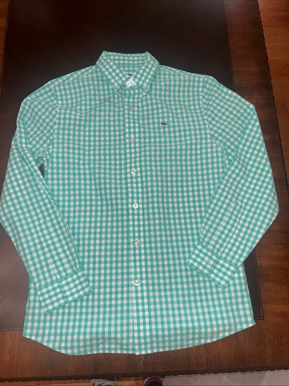 Vineyard Vines Boys Medium Green Gingham Button Down Whale Shirt Cotton